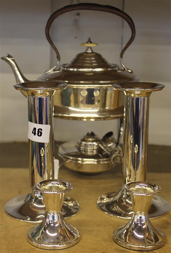 Mappin & Webb silver plated kettle & stand, chromed candlesticks & plated dwarf candlesticks(-)